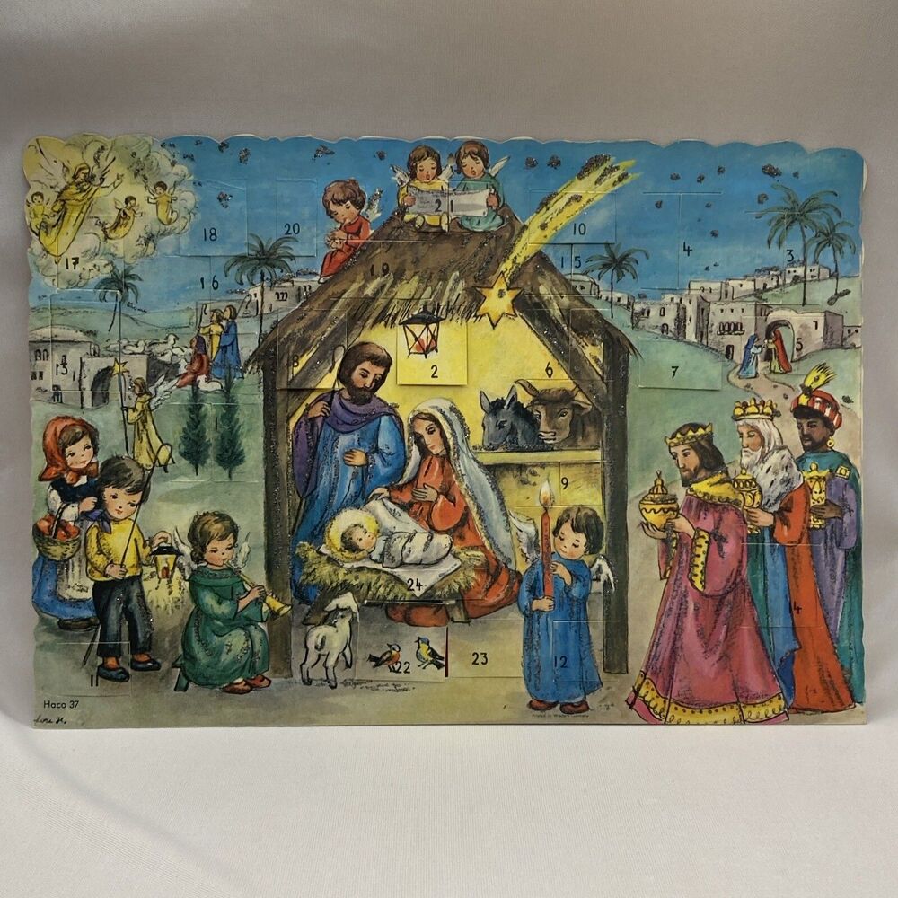 Vintage German Advent Christmas Calendar Manger Jesus Angel Glitter Bible Verse